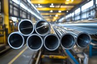 Steel pipes stacked in industrial warehouse with yellow overhead crane, showing metallic texture and circular ends in manufacturing facility. Focus on pipe openings.