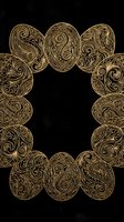 Ornate golden circular frame with intricate swirl patterns on dark textured background for luxury design projects and elegant decorative applications.