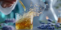 Liquid drop falling into glass with golden splash and bubbles against blurred lavender flowers background, creating dynamic motion effect in macro photography.