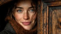 Young Caucasian woman with green eyes wearing brown knit scarf and hat smiling warmly in rustic wooden doorway setting for cozy winter fashion portrait.