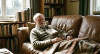 Senior Caucasian man with white beard reading book on leather sofa in cozy home library with bookshelves and warm natural lighting for relaxation.