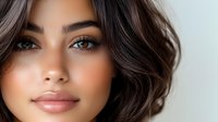 Young Hispanic woman with wavy dark hair, natural makeup, and glowing skin looking at camera with confident smile against light background. Professional beauty portrait.