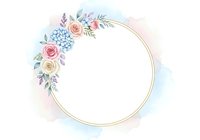 Watercolor floral wreath with roses, hydrangeas, and greenery arranged around a gold circular frame on white background for invitations and designs.