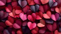 Heart shaped leaves in shades of pink, red and purple creating romantic natural pattern background for valentines day designs and love themes.