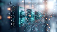 Futuristic digital transformation concept with glowing particles emerging from screen, symbolizing data flow and technological advancement in modern business.