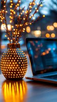 Illuminated decorative vase with glowing branches next to laptop computer creating cozy atmosphere with warm golden lights and blue bokeh background.