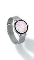 Elegant smartwatch with silver mesh band and floral dial featuring pastel flowers in pink, purple, and green tones. Isolated on white background for design use.