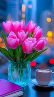 Vibrant pink tulips in glass vase with coffee cup against blurred city lights background, creating cozy urban atmosphere for spring celebration.