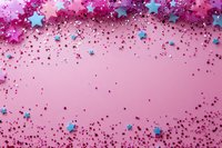 Pink festive background with scattered blue stars and pink glitter confetti creating border frame composition on pastel pink surface. Party celebration concept.