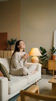 Young woman relaxing on sofa with coffee cup in cozy living room with warm lighting and plants creating peaceful atmosphere for wellness and self-care.