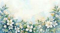 Watercolor floral border with white flowers and green leaves on soft pastel background for wedding invitations and romantic designs.
