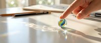 Artist holding colorful glass marble on white desk with paintbrushes and natural light, representing creativity, art supplies, and creative workspace for design projects.