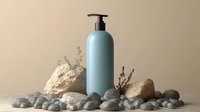 Minimalist spa composition with blue cosmetic pump bottle on pebbles and stones with dried plants against beige background. Natural skincare concept.