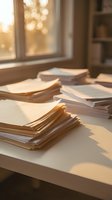 Stacks of papers and documents scattered on white desk surface with warm sunlight streaming through window creating soft shadows and bokeh lights in background.