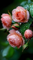 Fresh coral roses with morning dew drops on delicate petals and green leaves create romantic garden atmosphere, captured in soft natural light.