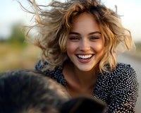 Young Caucasian woman with tousled blonde hair laughing joyfully outdoors, wearing polka dot dress, showing genuine happiness and positive emotions in natural sunlight.