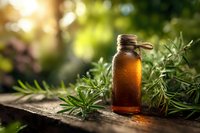 Amber essential oil bottle with twine decoration surrounded by fresh rosemary sprigs on wooden surface in garden setting with sunlight.