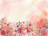 Watercolor floral border with pink roses, peonies, and hearts on soft cream background. Romantic design for wedding invitations, greeting cards, and feminine branding projects.