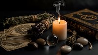 Mystical fortune telling setup with tarot cards, burning candle, crystal ball and sage bundle on dark surface for spiritual guidance and divination practices.