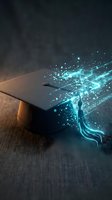 Digital graduation cap with glowing blue particles and future learning text representing online education technology and academic achievement in modern learning.