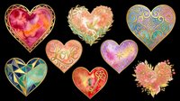 Decorative heart clipart set with gold outlines, floral, geometric, and love designs, isolated on transparent background, for stickers, t-shirt design, and print on demand.