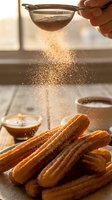 Hand sifting powdered sugar over golden churros with chocolate sauce in warm kitchen light creating magical dust effect for dessert preparation.