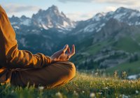 Person meditating in lotus position on mountain meadow at sunset with dramatic alpine peaks in background, finding peace in nature.