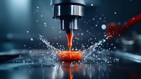 Dramatic industrial drilling process with water splash effect and glowing hot metal surface, metalworking precision machinery in action with cooling liquid spray.