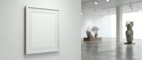 Modern art gallery interior with blank white framed artwork on wall and blurred sculptures in background, perfect for mockup presentations and exhibitions.