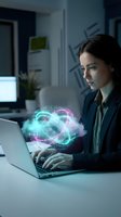 Young businesswoman working with holographic brain projection on laptop in modern office, artificial intelligence and machine learning technology concept.
