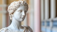 Classical marble sculpture of young woman with detailed curly hair and draped clothing against blurred architectural background. Ancient Roman art style.