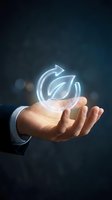 Businessman hand holding glowing neon leaf with circular arrow symbol representing sustainable business, eco-friendly practices, and environmental responsibility for corporate concepts.
