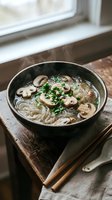 Asian noodle soup with mushrooms and herbs in rustic bowl on wooden table by window for healthy comfort food recipes and cooking blogs.