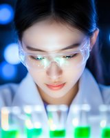 Young Asian female scientist in protective eyewear examining glowing green liquid samples in laboratory setting with blue bokeh background. Professional research environment.