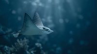 Spotted eagle ray gliding gracefully through deep blue ocean waters with sunlight filtering from above creating magical underwater atmosphere.
