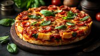 Fresh homemade pizza with melted cheese, pepperoni slices, tomato sauce and basil leaves on rustic wooden board against dark background. Traditional Italian cuisine.