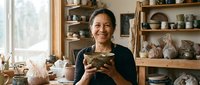 Middle-aged woman with dark hair and South Asian ethnicity, wearing a black long-sleeve top, smiling while holding a ceramic bowl in a bright pottery studio filled with shelves of handmade vessels and clay creations.