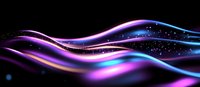Luminous flowing waves in purple and blue neon colors with glowing particles on black background create dynamic abstract light effect for modern design.