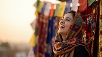 Young Middle Eastern woman wearing colorful traditional headscarf laughing joyfully at outdoor market with vibrant textiles and prayer flags in background.