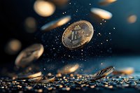 Golden cryptocurrency coins floating in dark space with sparkles and bokeh effects, dramatic lighting creates mystical atmosphere for financial technology concept.