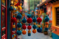 Colorful decorative tassels and pom poms hanging in rows create vibrant bohemian display for interior design and craft projects.