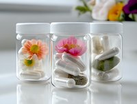 Clear glass jars containing white pills and capsules decorated with fresh colorful flowers on top, representing natural medicine and holistic wellness approach on white surface.