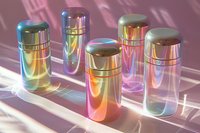 Holographic metallic water bottles with iridescent rainbow finish casting colorful reflections and shadows in sunlight on pink surface.