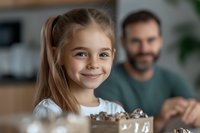Young blonde girl smiling while baking chocolate chip cookies with father in modern kitchen. Family bonding time during homemade dessert preparation activity.