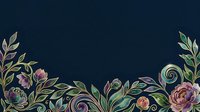 Dark navy blue background with ornate floral border, featuring iridescent blooms and swirling leaves in purple and green tones.