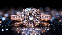 Round brilliant cut diamond solitaire engagement ring in rose gold setting with pave band sparkles against dark background with bokeh light effects.
