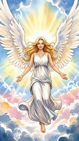 Watercolor angel with flowing blonde hair and white wings floating in heavenly clouds with divine light rays for spiritual and religious designs.