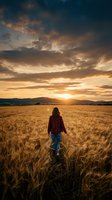 Young woman walking through golden wheat field at sunset with dramatic sky and mountain landscape in rural countryside setting.