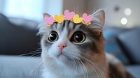 Adorable tabby kitten with large eyes wearing colorful heart crown sitting on couch in cozy living room for pet lover designs and greeting cards.
