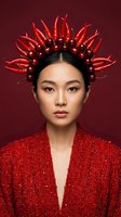 Young East Asian woman wearing red sequined jacket with creative red chili pepper and spherical bead crown headpiece against deep burgundy background. Striking editorial fashion portrait.